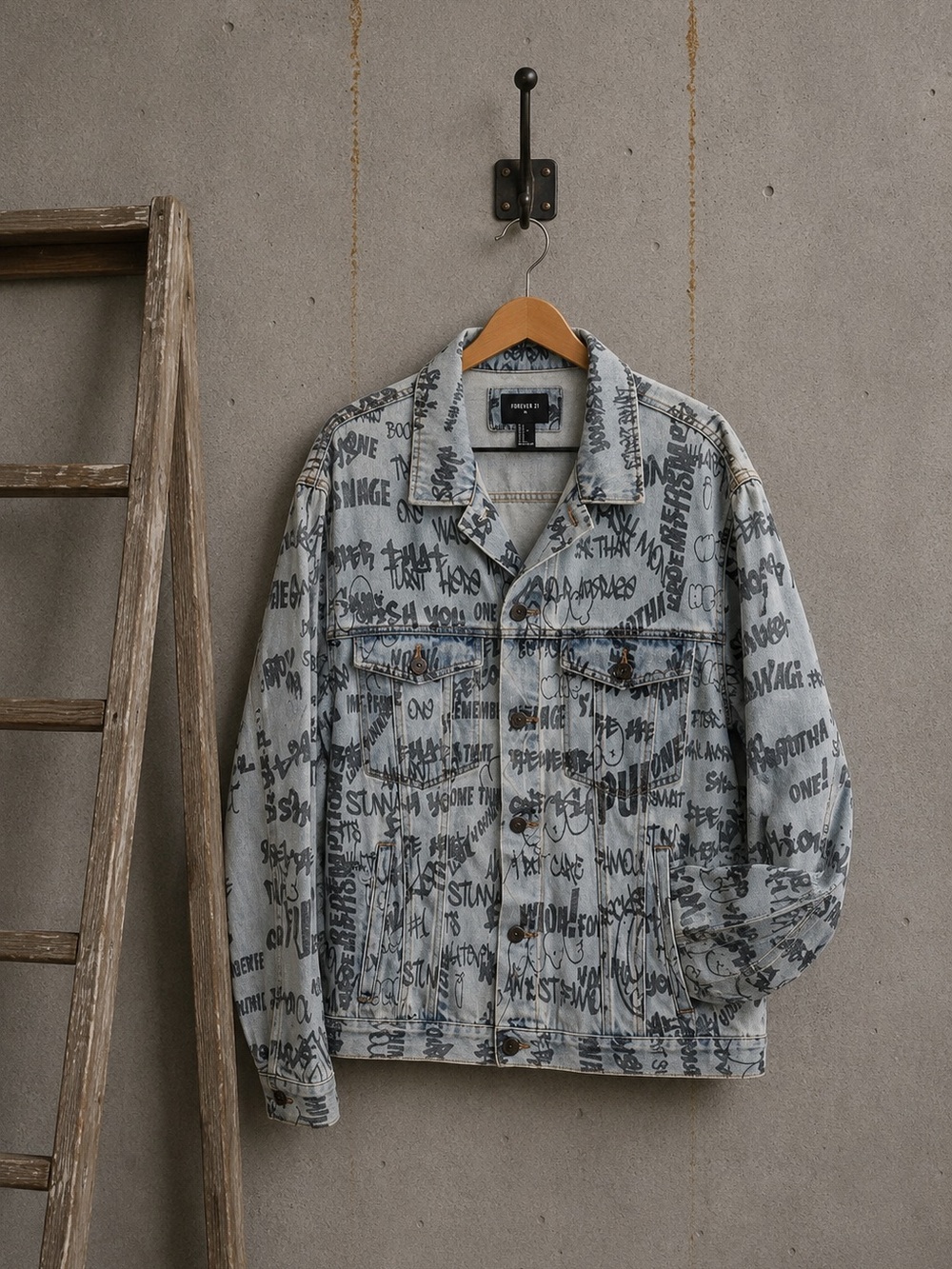 Forever 21 Mens Jean Jacket Graffiti Scribble Denim Cropped Hip Hop Faded Sz‎ L